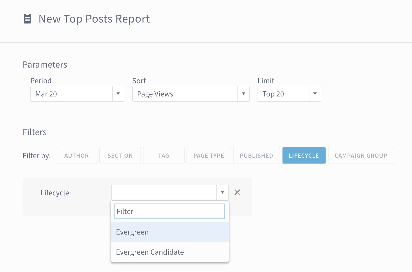 The Parse.ly Dashboard Report building screen showing how to select the Lifecycle:Evergreen filter.