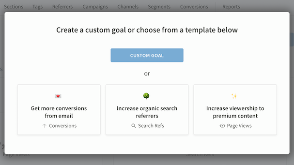 View of goal options available in Parse.ly dashboard