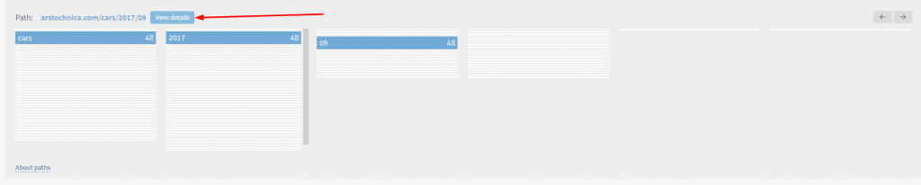 An example of path fragments in distinct columns. In this example, the user selected 3 path fragments in series. There is an arrow pointing to the "View details" button.