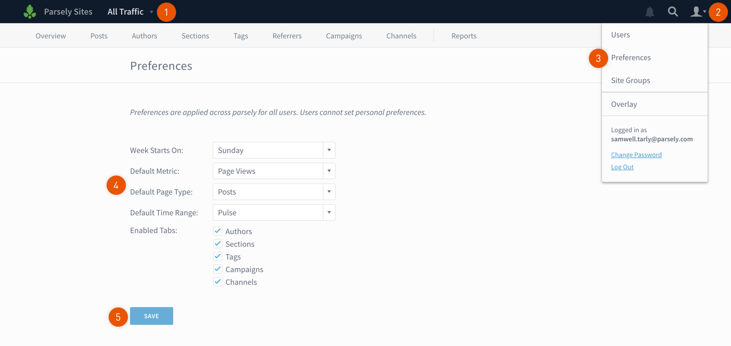 Navigating to the Parse.ly dashboard Preferences screen for a network.