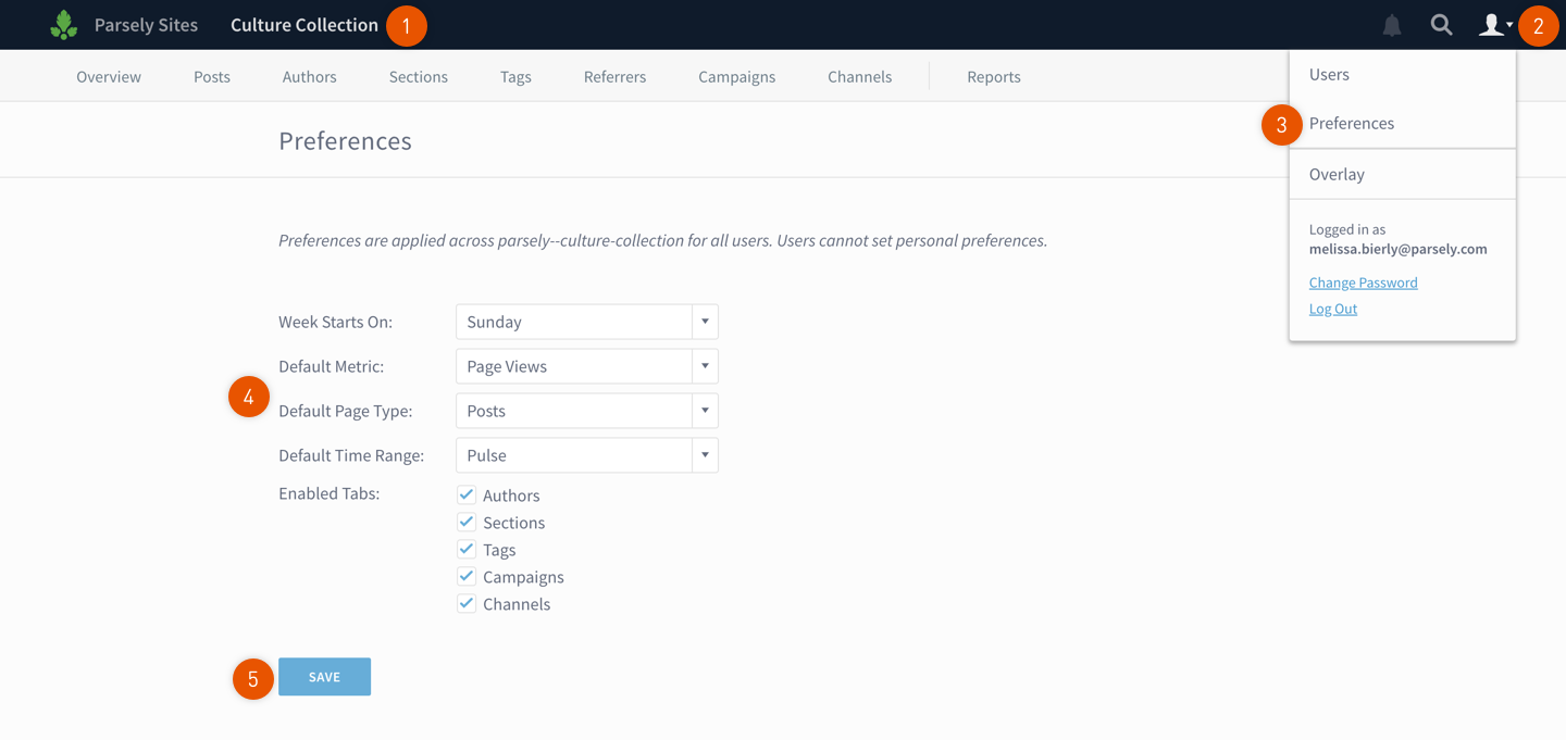 Navigating to the Parse.ly dashboard Preferences screen for a site group.