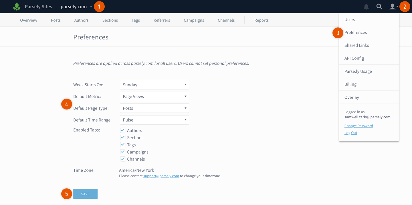 Navigating to the Parse.ly dashboard Preferences screen for a site.