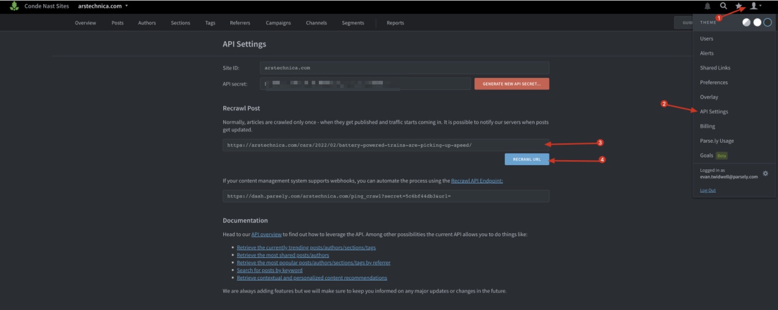 Parse.ly dashboard depicting how to recrawl a single post.