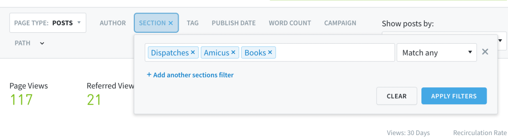section filters on posts Parse.ly Dashboard with Section filter open.