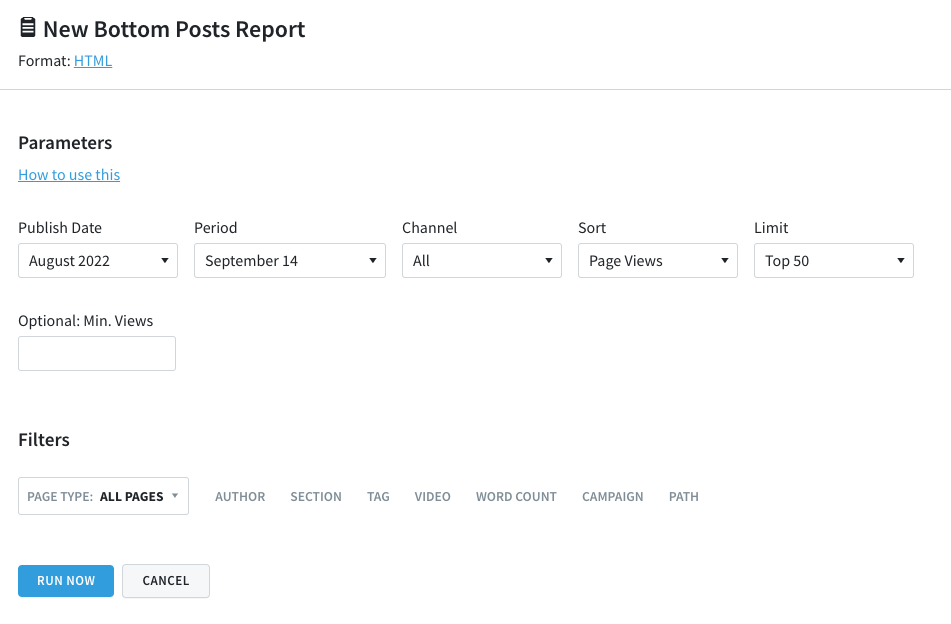 The options available to Parse.ly dashboard users who are creating a new bottom listings report.