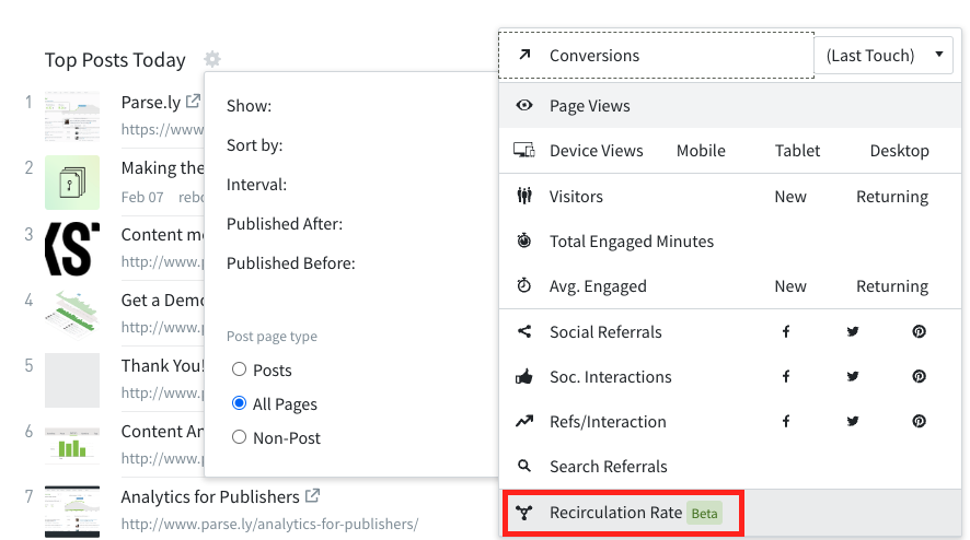 recirculation rate is on a list of available metrics.