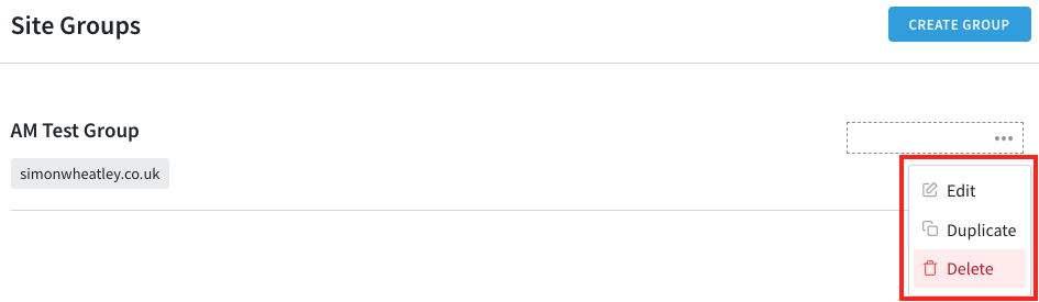 This images shows a menu (on the right) that allows you to edit, duplicate, or delete the site group.