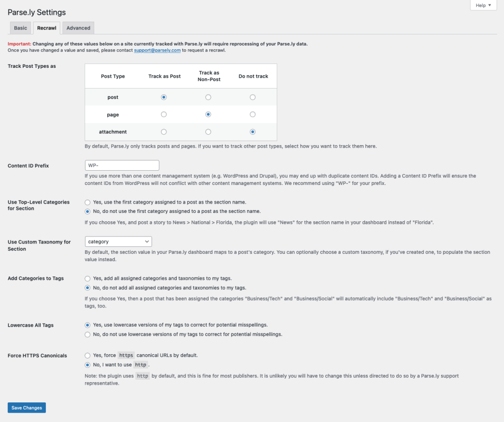 This image shows what the Recrawl Settings section of plugin settings looks like