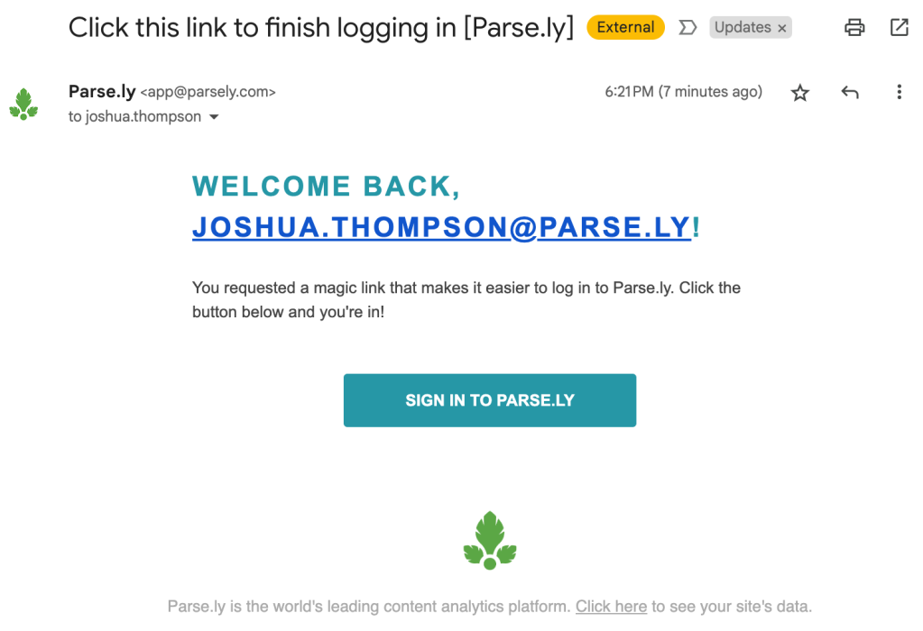 Email from app@parsely.com welcoming the user to sign in to Parse.ly.