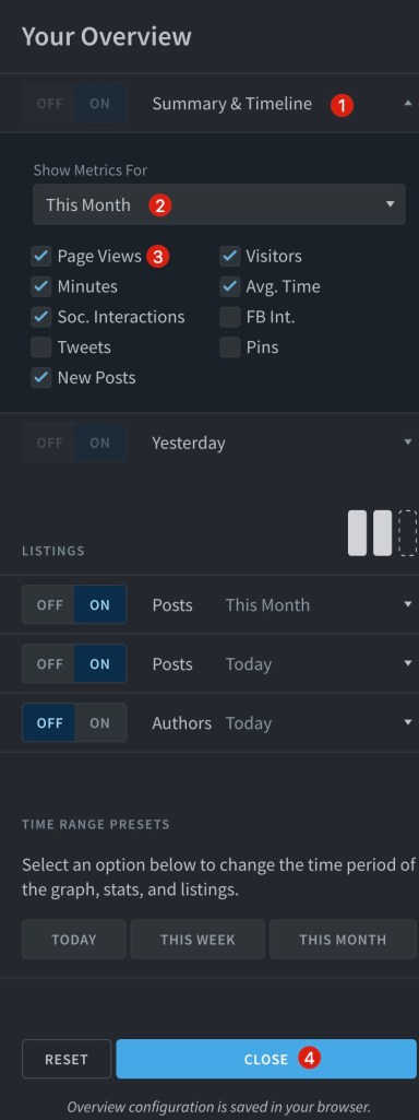 The Overview settings panel with four numbered markers that correspond to the instructions below the image.