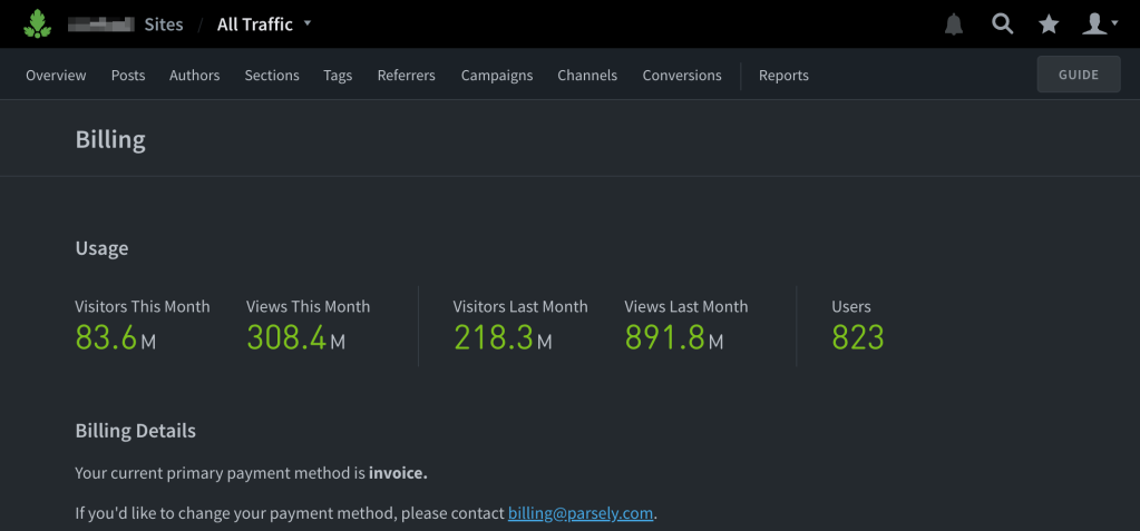 The Billing page of the Parse.ly Dashboard.