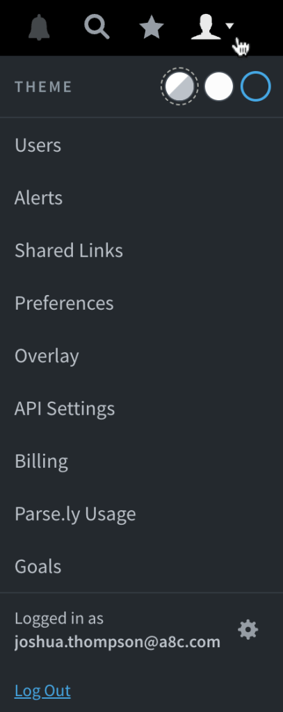 Account menu options within the Parse.ly Dashboard.