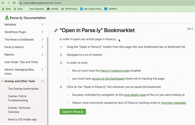 An animated gif depicting the drag-and-drop installation and usage of the "Open in Parse.ly" Bookmarklet.