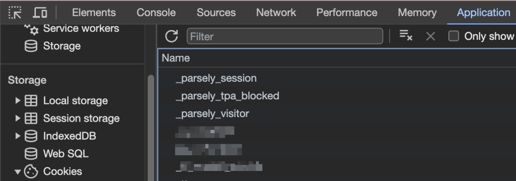 A screenshot of Chrome Developer Tools showing three Parse.ly cookies.