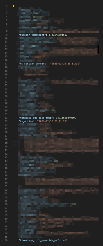 Lines of JSON from an excerpt of raw data. Most of the lines are blurred out. The clear lines relate to various timestamps. Reviewing these are one step towards finding and handling invalid timestamps.