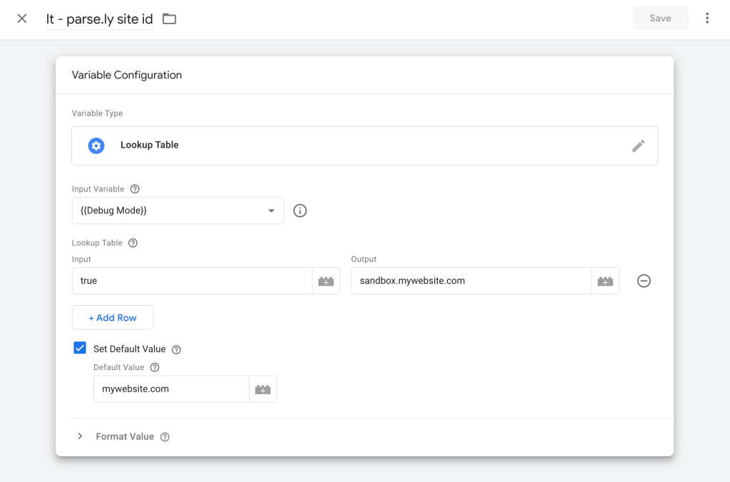 Google Tag Manager, variable configuration screen showing an example Site ID variable.