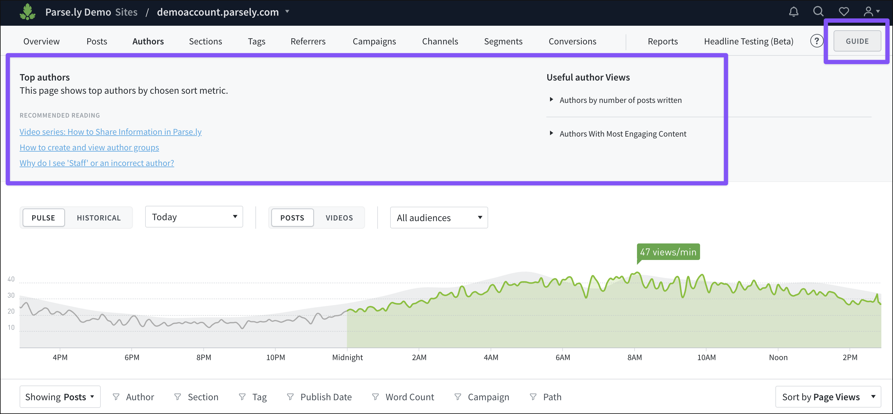 The "Guide" button in the navigation bar of the Parse.ly Dashboard opens a panel with more information.