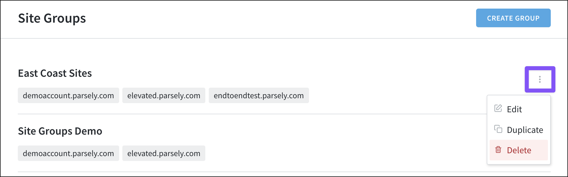 Editing a site group.