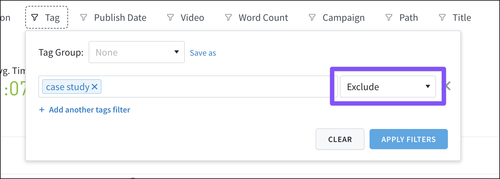 The "exclude" filter option removes results matching the criteria.