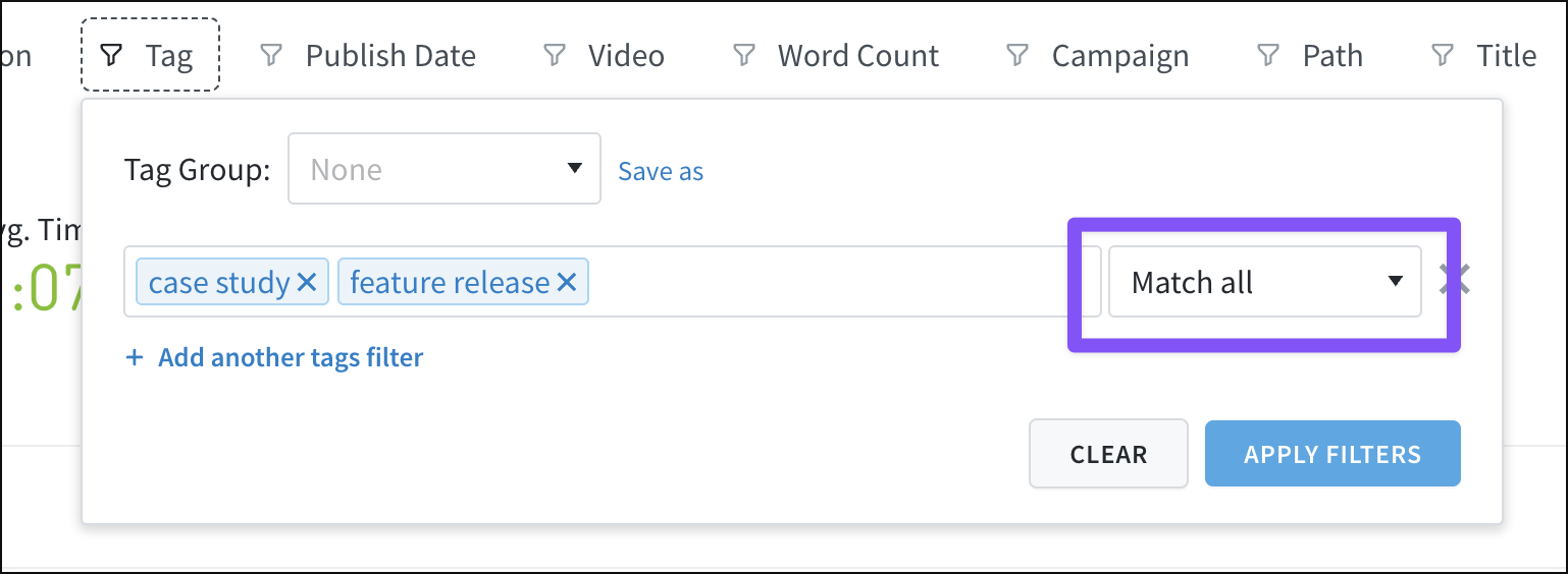 The "match all" filter option returns results matching all of the criteria.