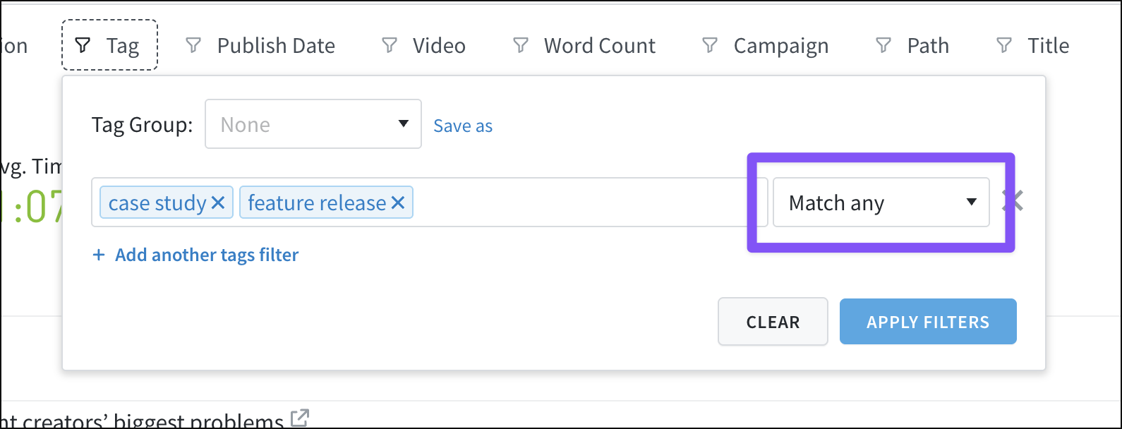 The "match any" filter option returns results matching any of the criteria.