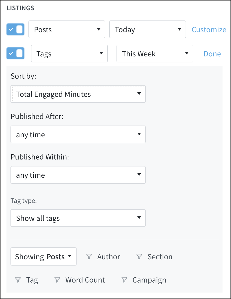 Customizing listing two for a section editor.