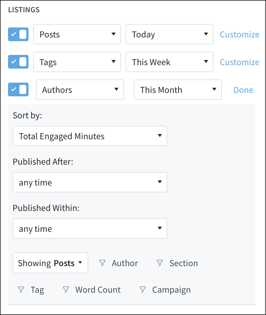 Customizing listing three for a section editor.