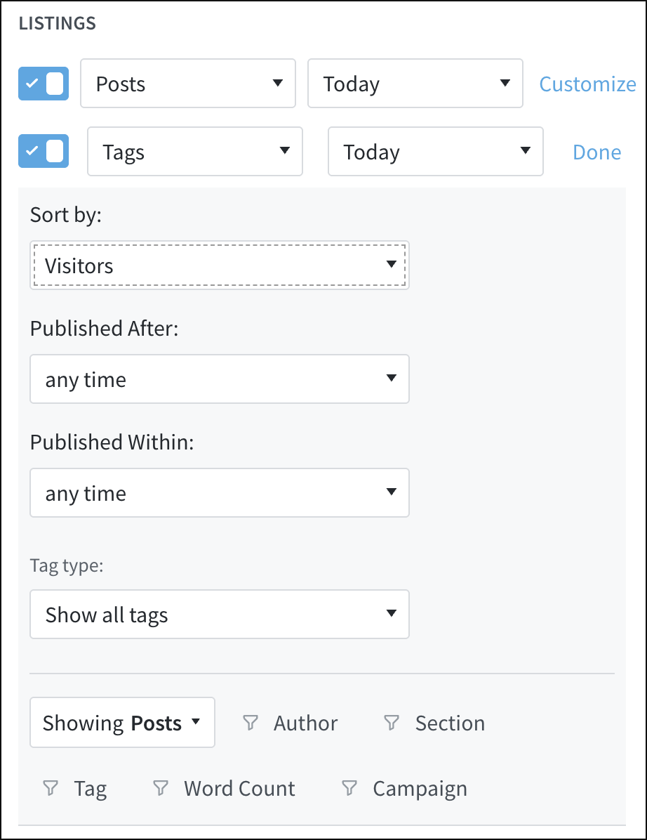 Customizing listing two for a sponsored content editor.
