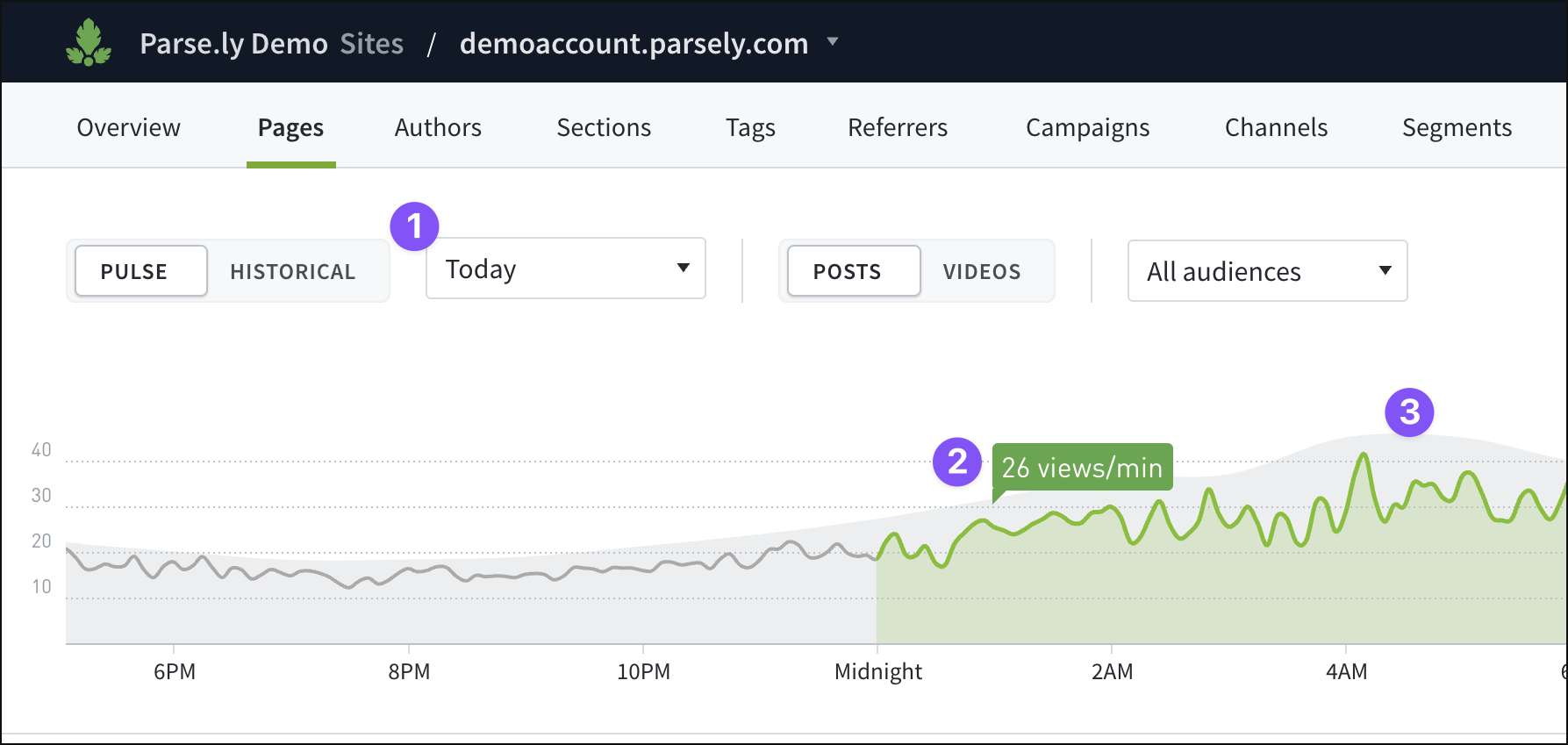 The Pulse view in the Parse.ly Dashboard.