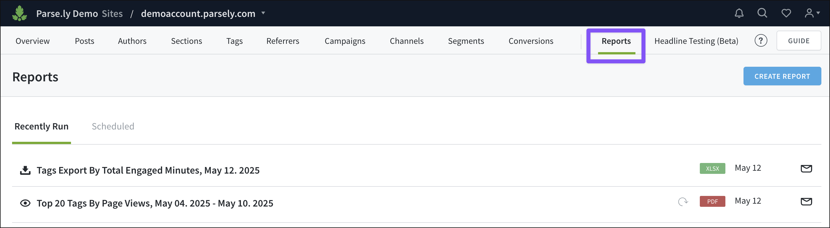 The Reports tab of the Parse.ly Dashboard.