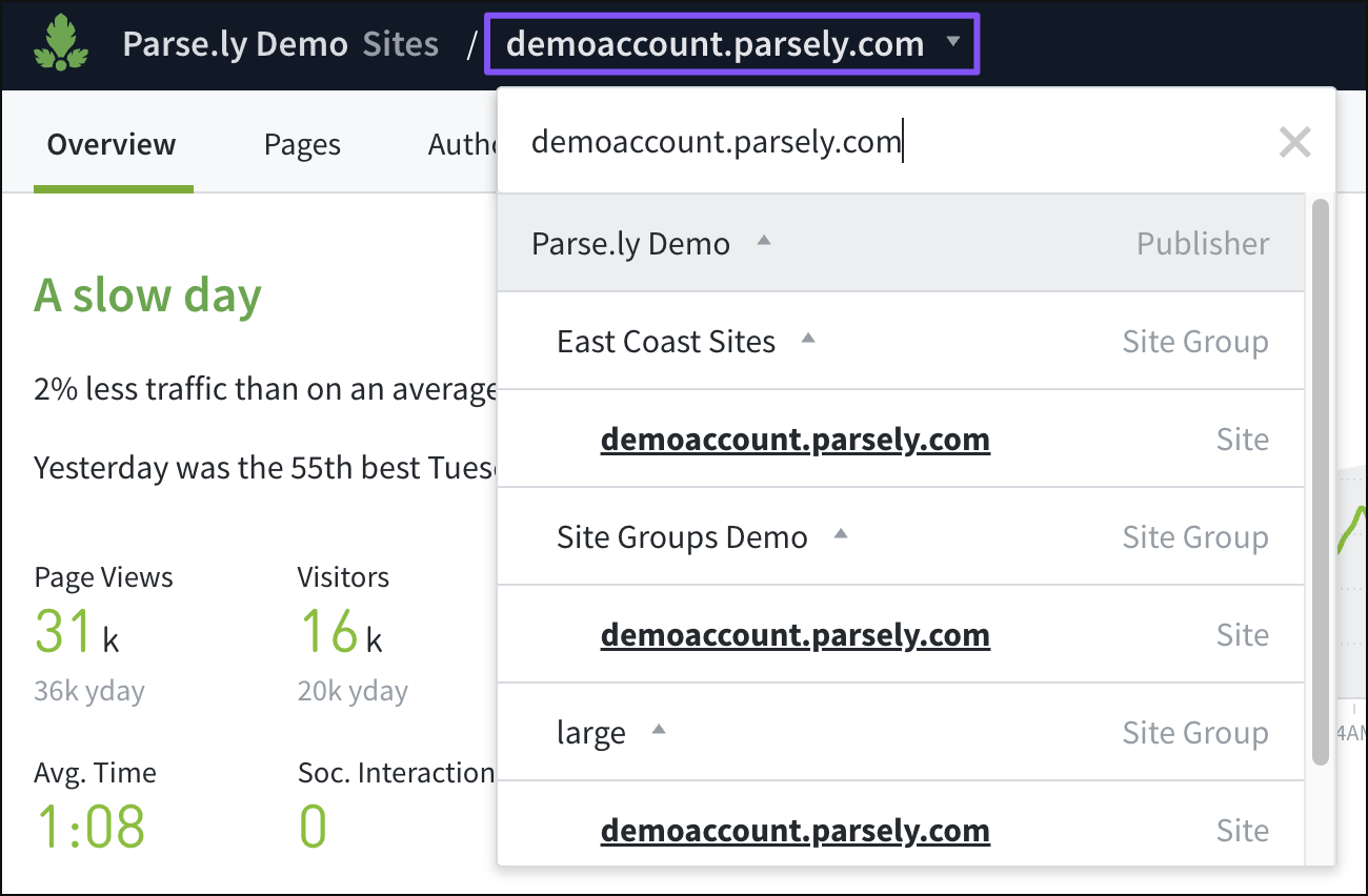 The Site ID selector in the single site view.