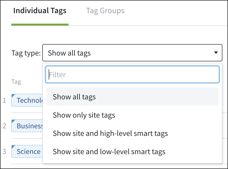 Filtering the Tags tab.