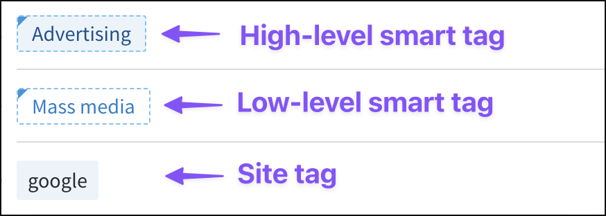 Different types of tags in the Parse.ly Dashboard.