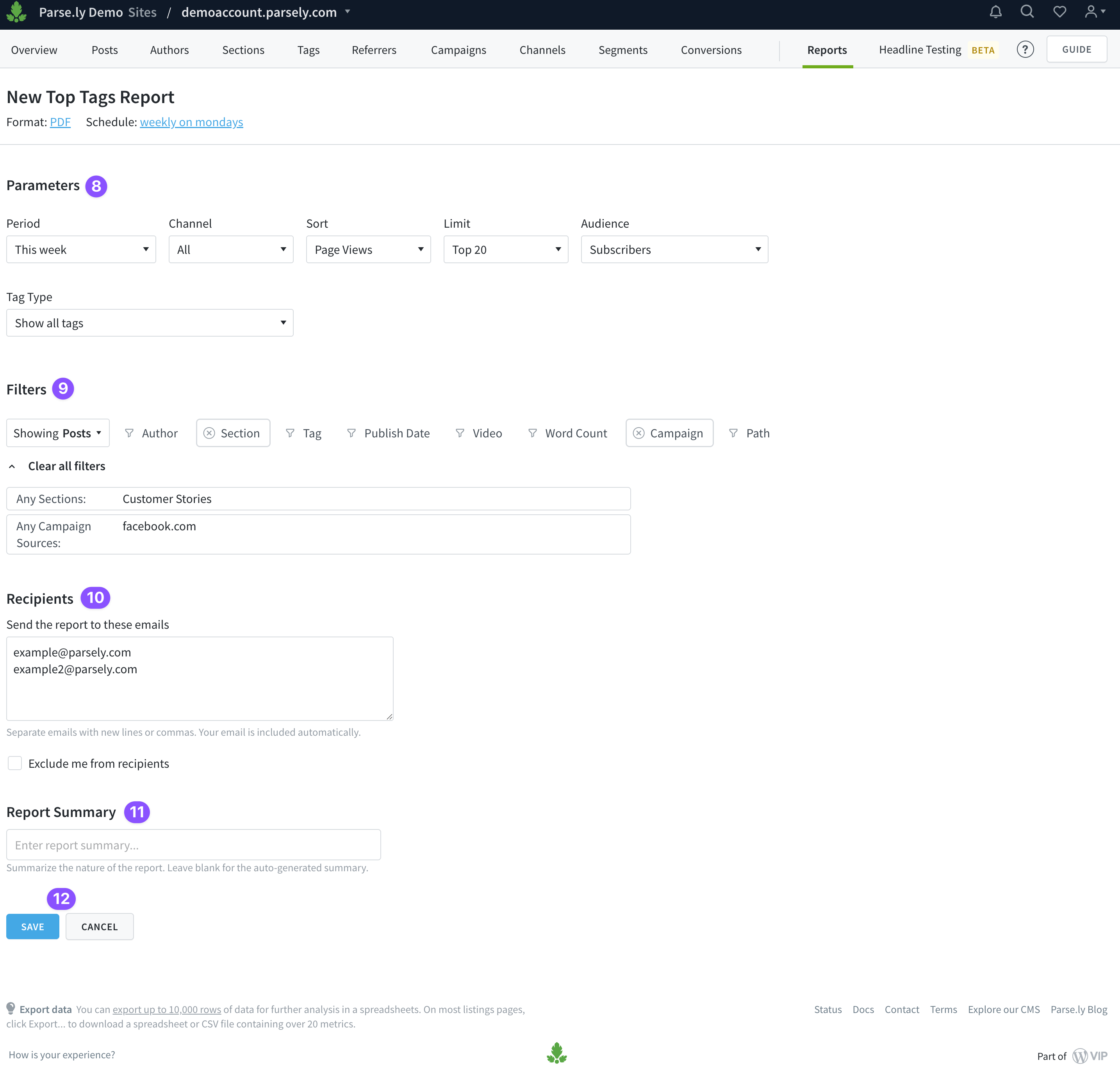 Choose the final settings and save the report.