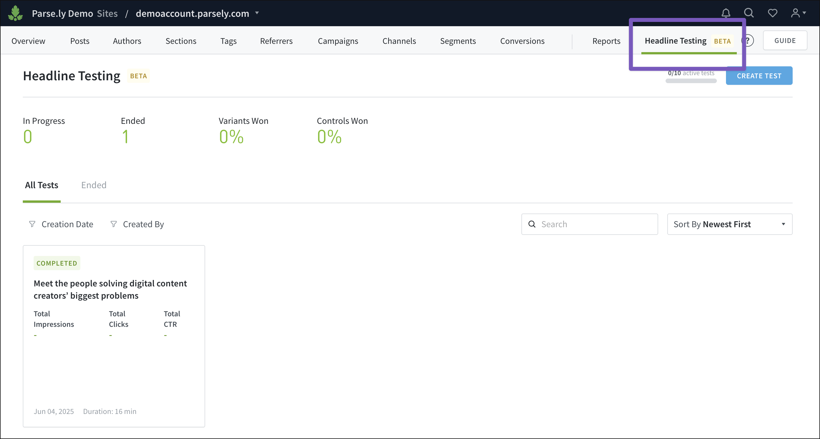 The Headline Testing tab of the Parse.ly Dashboard.