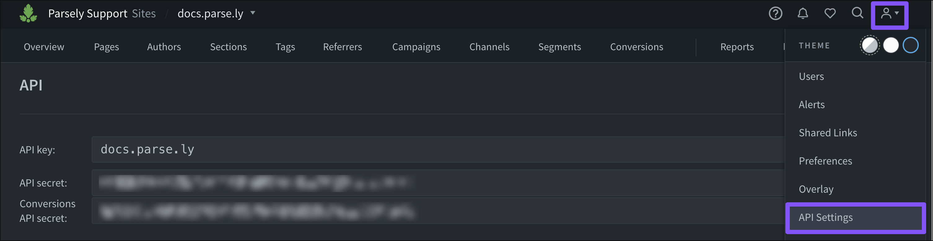 The API Settings page is available to admins in the account menu.
