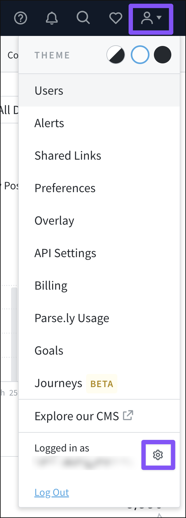 The account menu is accessed at the far right of the top bar.
