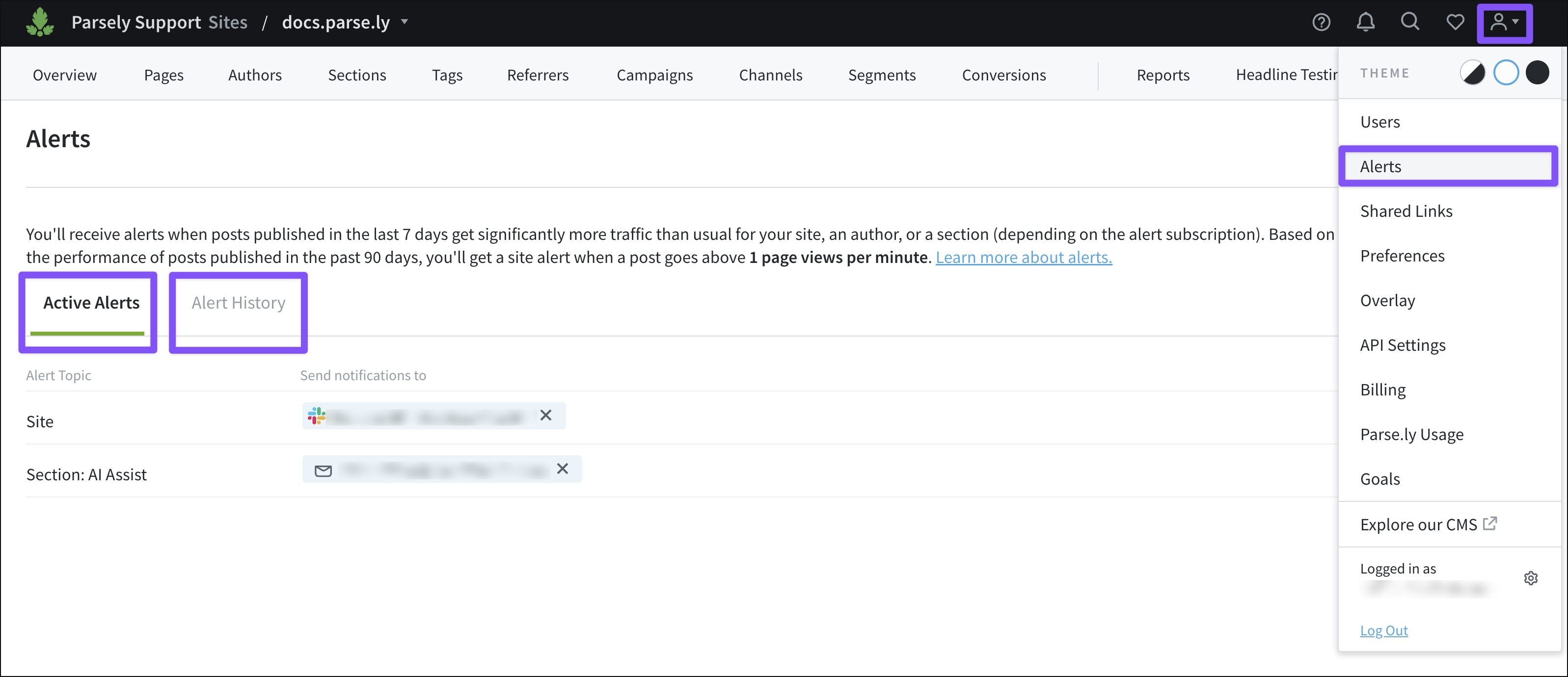The Alerts page of the account menu displays active alerts and alert history.