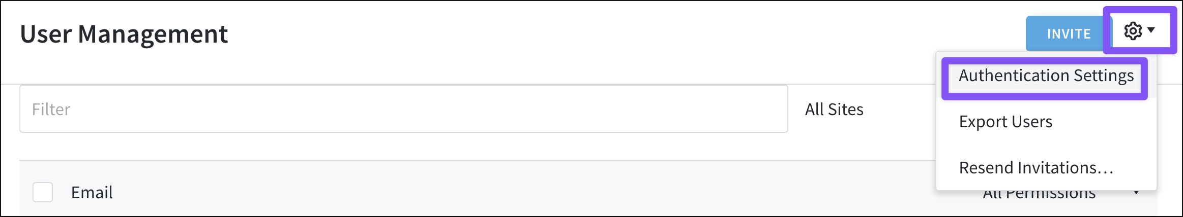 Access authentication settings from the User Management page.