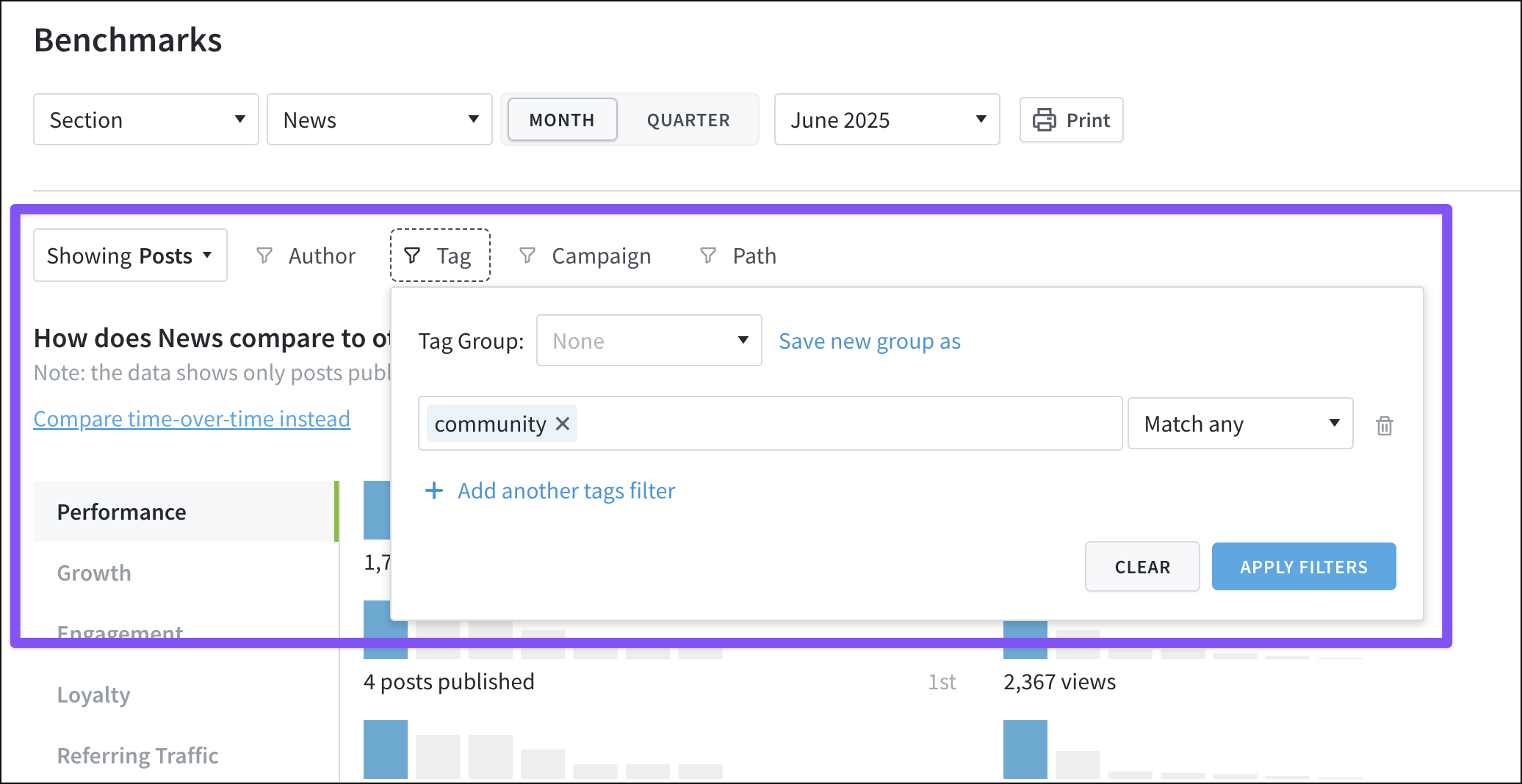 The benchmarks page can be filtered similar to the rest of the Dashboard.