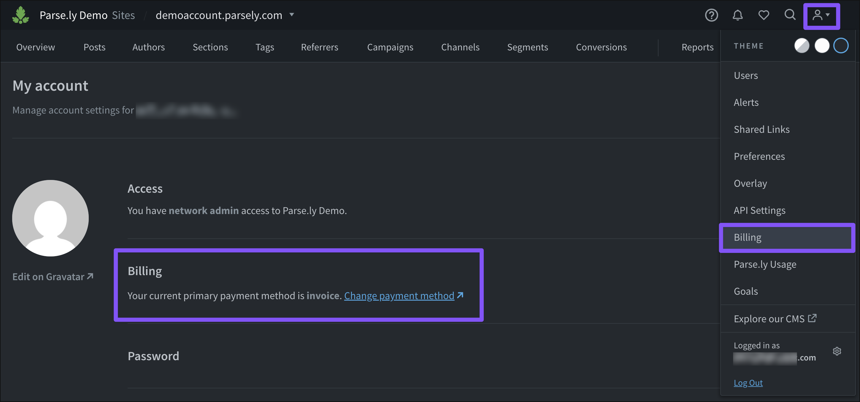 Admins can access billing information from the account menu.