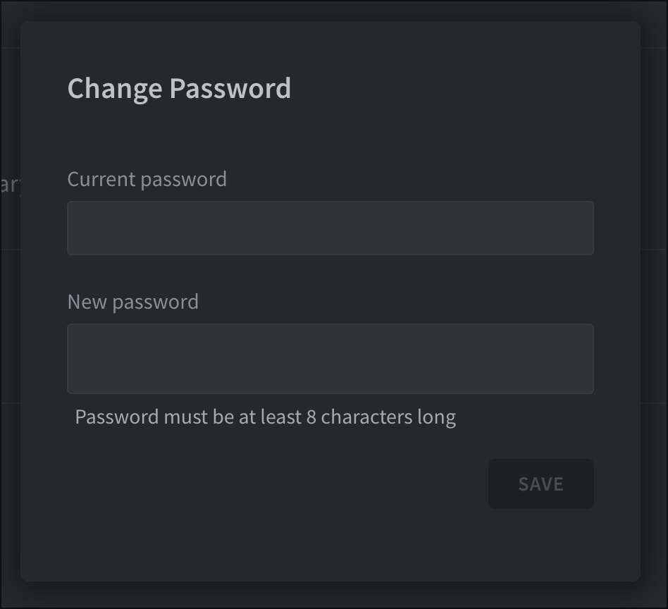 Enter the current password, then a new password before saving.