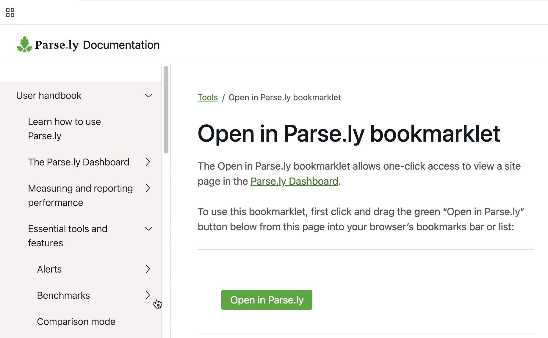 Click and drag the "Open in Parse.ly" button into browser bookmarks.
