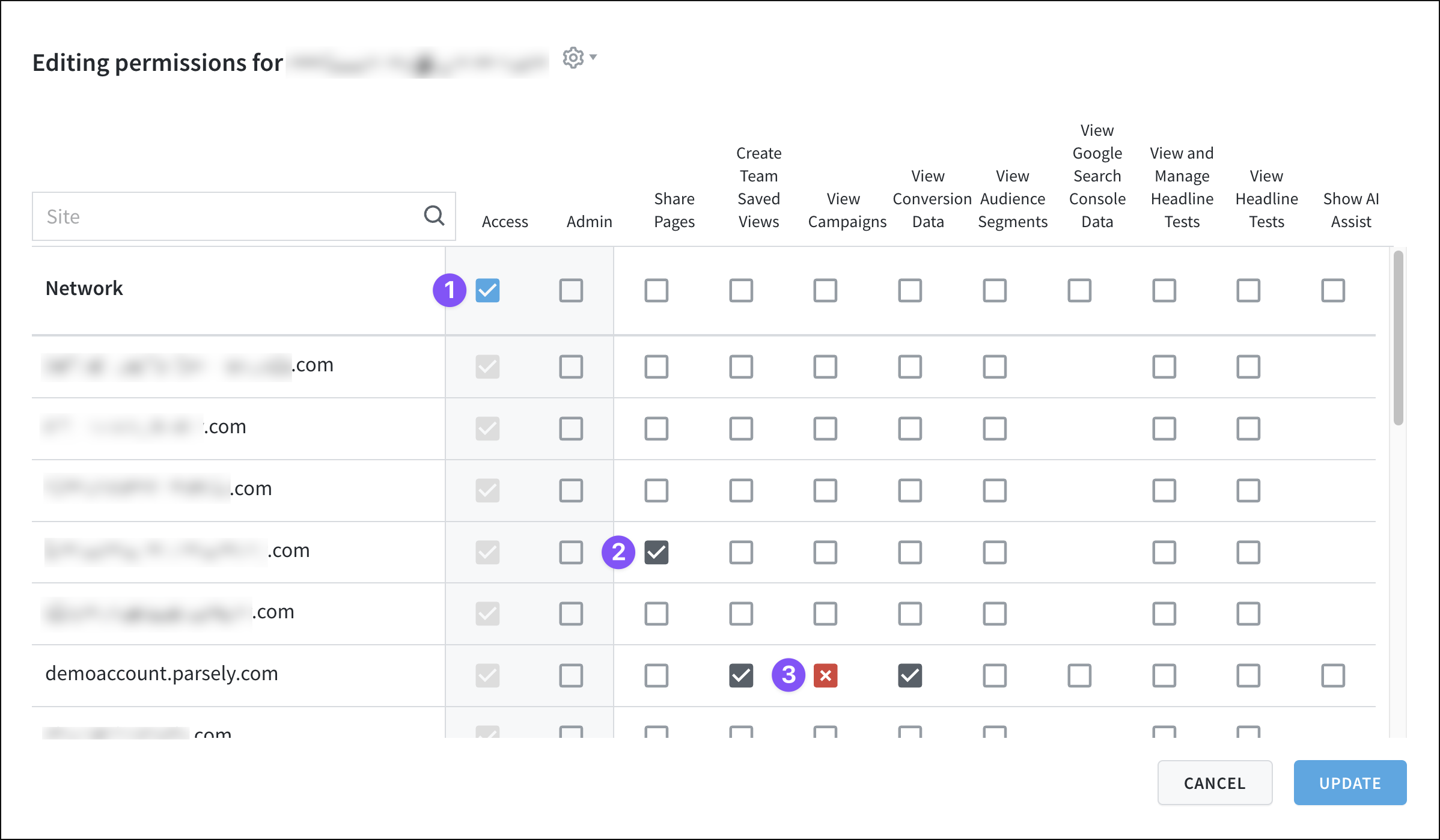 Edit user access and permissions using the checkboxes.