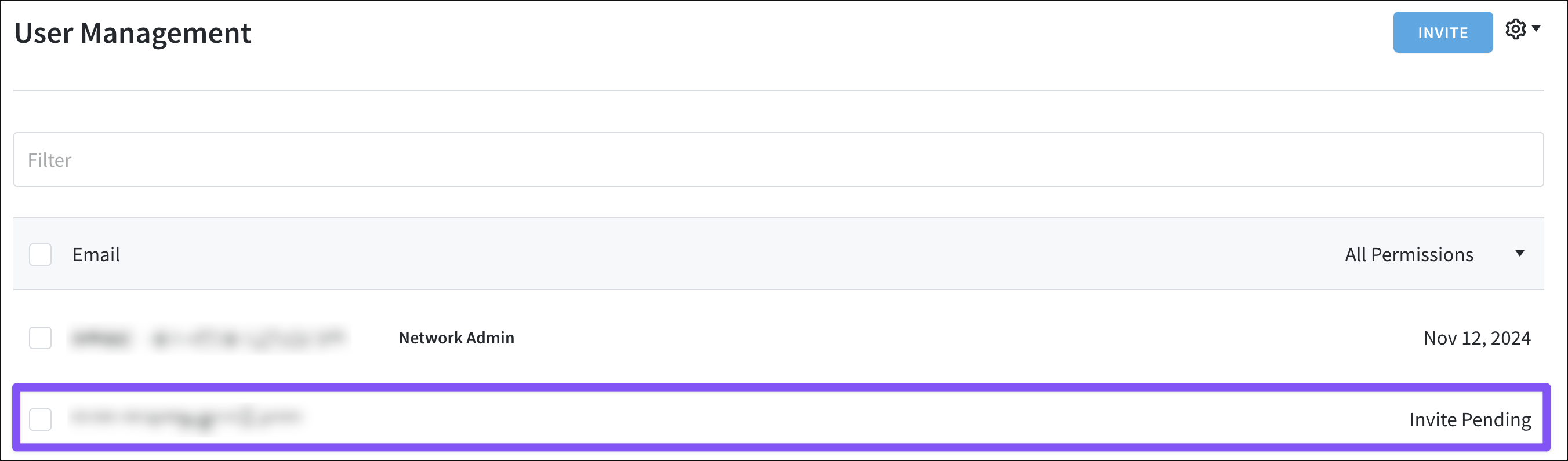 "Invite Pending" displays next to new users who haven't yet logged in.