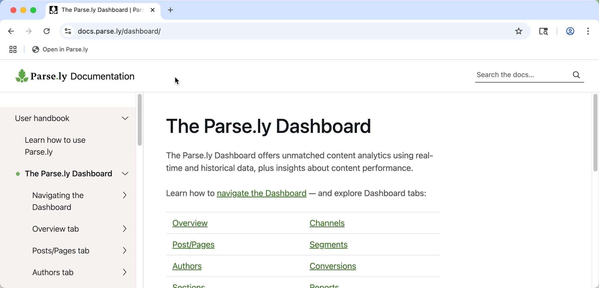 Click the new "Open in Parse.ly" bookmark while on a site page to open it in the Dashboard.