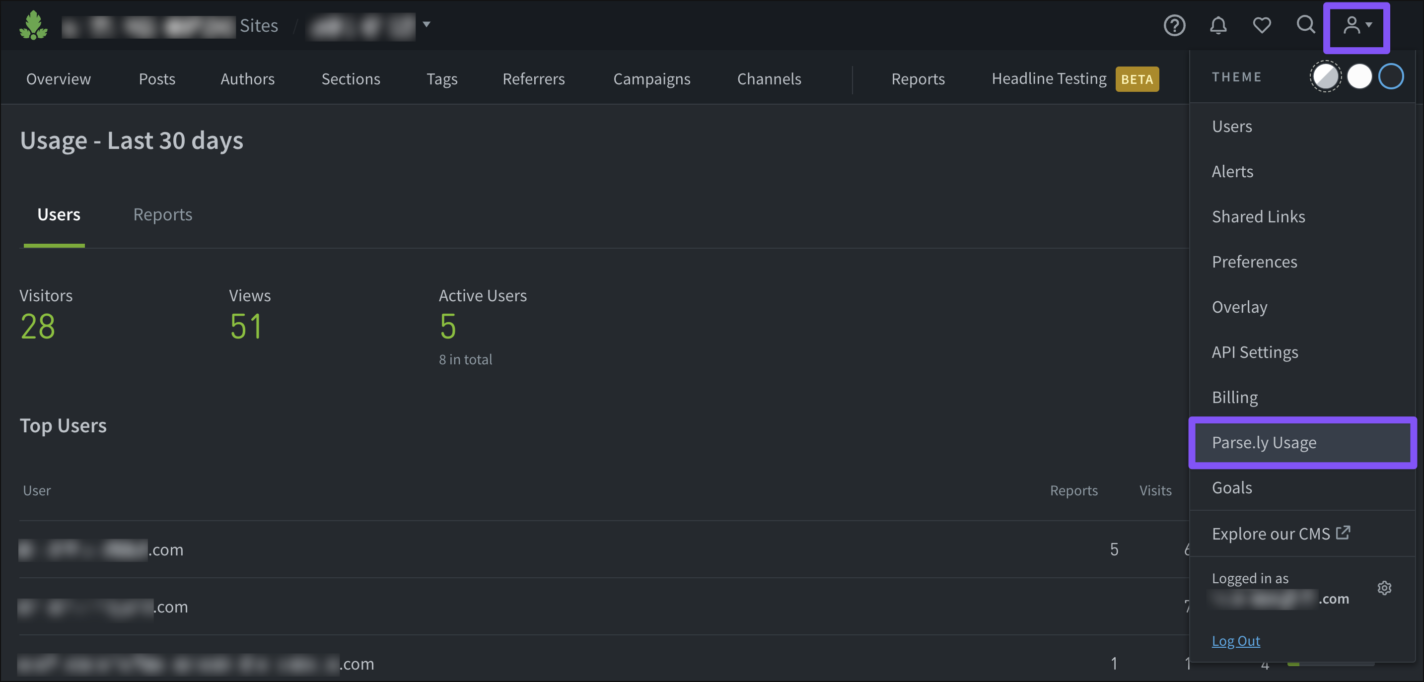 Admins can access the Parse.ly Usage page from the account menu.