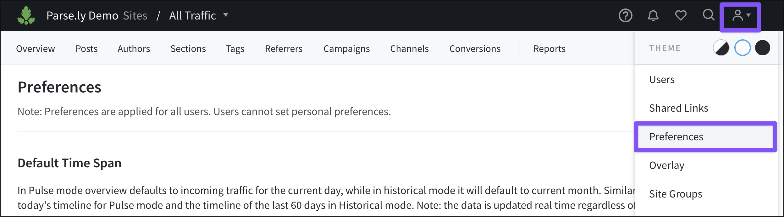 The Preferences page is accessed in the account menu.