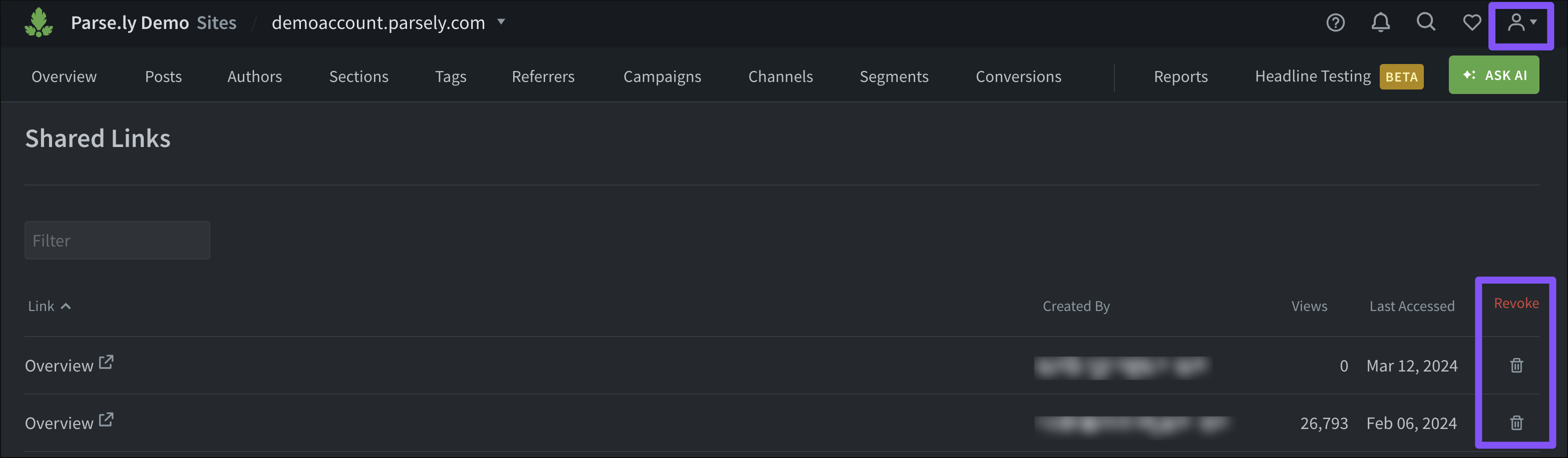 The Shared Links page of the account menu.
