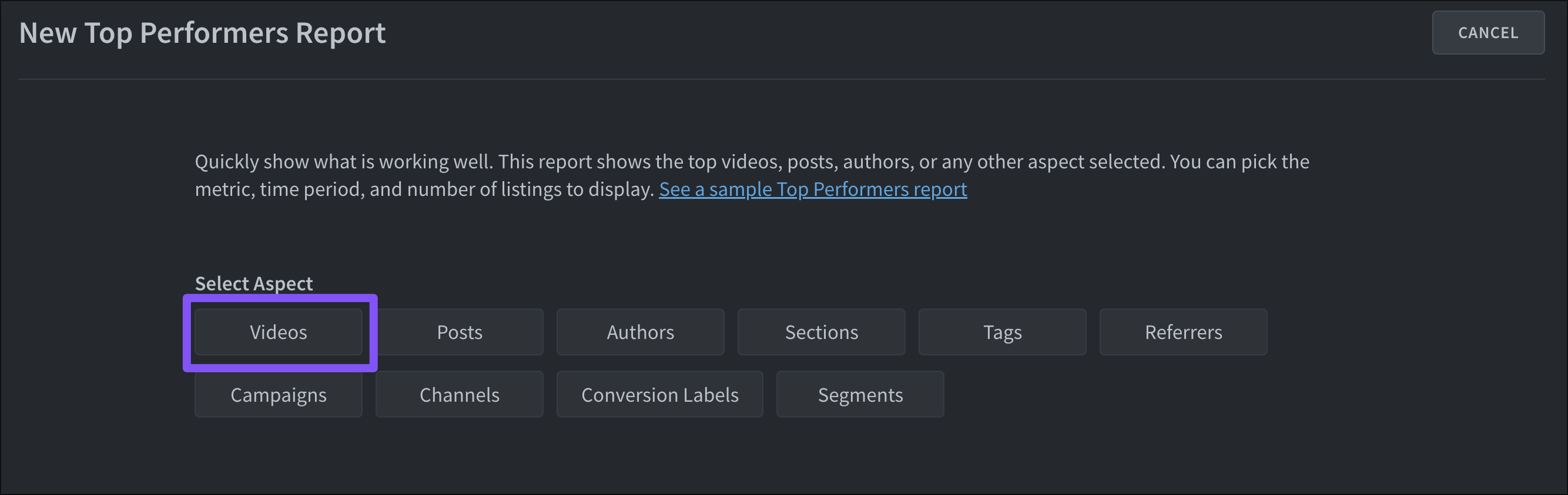 Creating a new Top Performers report focusing on video metrics.